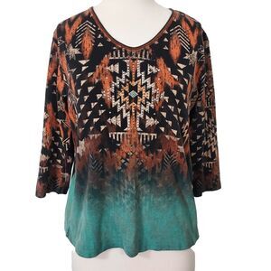 Cactus Bay Apparel Bedazzled Rhinestud Southwest T Shirt Top Women Size XL USA